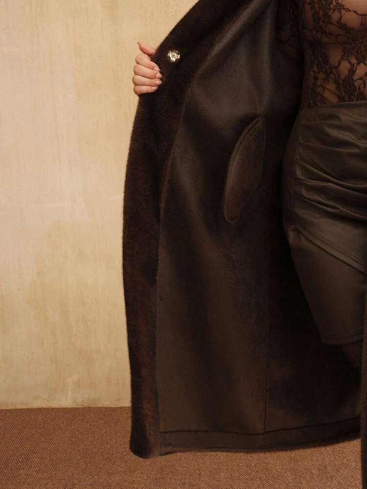 Plus Size Women's Elegant Faux Fur Long Coat, Fashion Faux Fur Lined Outerwear, Autumn/Winter