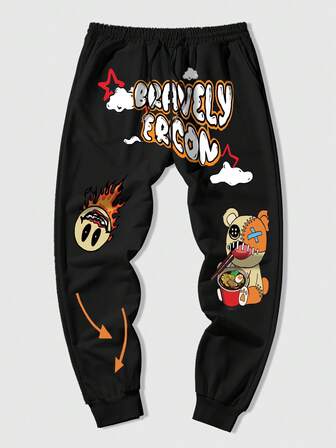 Street Life Letter & Cartoon Pattern Drawstring Waist Casual Jogger Pants