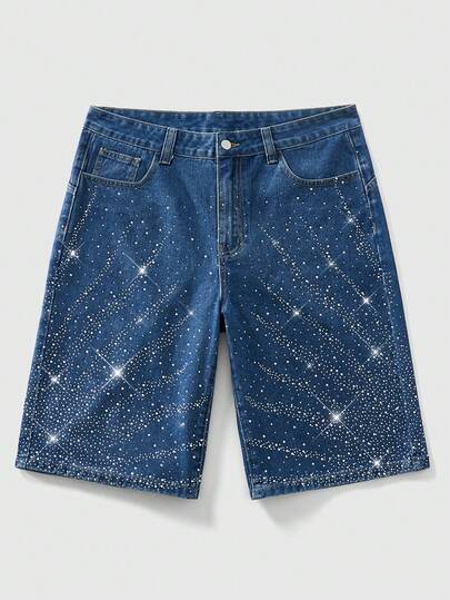 Pantalones cortos de mezclilla azul desgastada con rhinestones para hombre