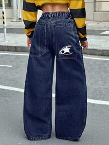 SHEIN Quần jean xanh navy dáng rộng Y2K thêu hình ngôi sao cho bé gái tuổi teen, Thu, Đông, Kỳ nghỉ thường ngày và thời trang, Trang phục đường phố, Phong cách thập niên 2000, Quần ống loe cho bé gái, Giáng sinh cho bé gái - Rửa tối - Xem 2