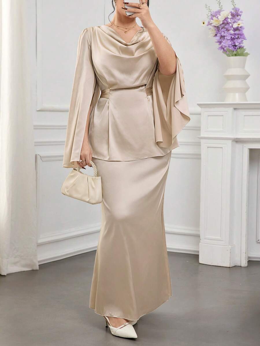 Modelyn 两件套加大码女士缎面长袖衬衫和中长连衣裙套装，优雅设计，适合休闲办公、通勤、家庭聚会等场合，2025秋冬季款 - 杏色 - 查看 1