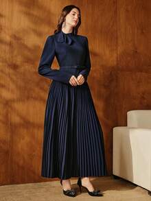 Anewsta Váy midi tay bồng buộc eo bèo nhún thanh lịch dành cho nữ, giản dị và sang trọng cho buổi hẹn hò, mùa thu/đông - Màu xanh hải quân - Xem 5