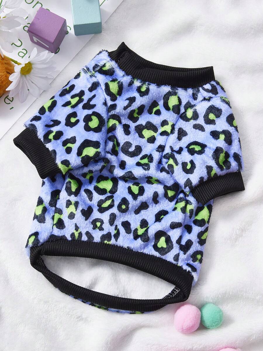 1 Áo khoác cho thú cưng bằng vải flannel in họa tiết da báo màu xanh lá cây, chất liệu dày dặn, ấm áp, màu tím. - Màu tím - Xem 1
