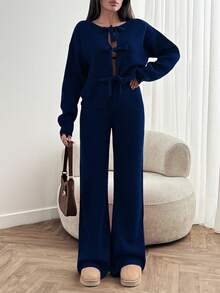 EURMUSE Women Bow Tie Front Detailed Cardigan And Sweater Pant 2 Two Pieces Set - Navy Blue - View 3