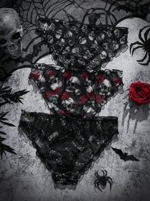 3条装 女士加大码骷髅印花荷叶边舒适三角裤