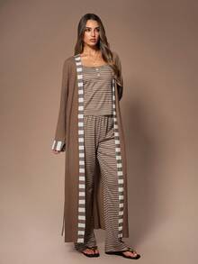 Lazeform 3pcs Women Sleepwear Pajama Set: Striped Print Long Sleeve Robe, Fitted Camisole, And Long Pants, Casual American Style, Fall & Winter Clothes - Brown - View 5