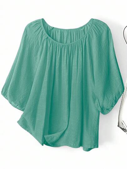 EMERY ROSE Plus Size Summer Casual Solid Color Raglan Sleeve Shirt