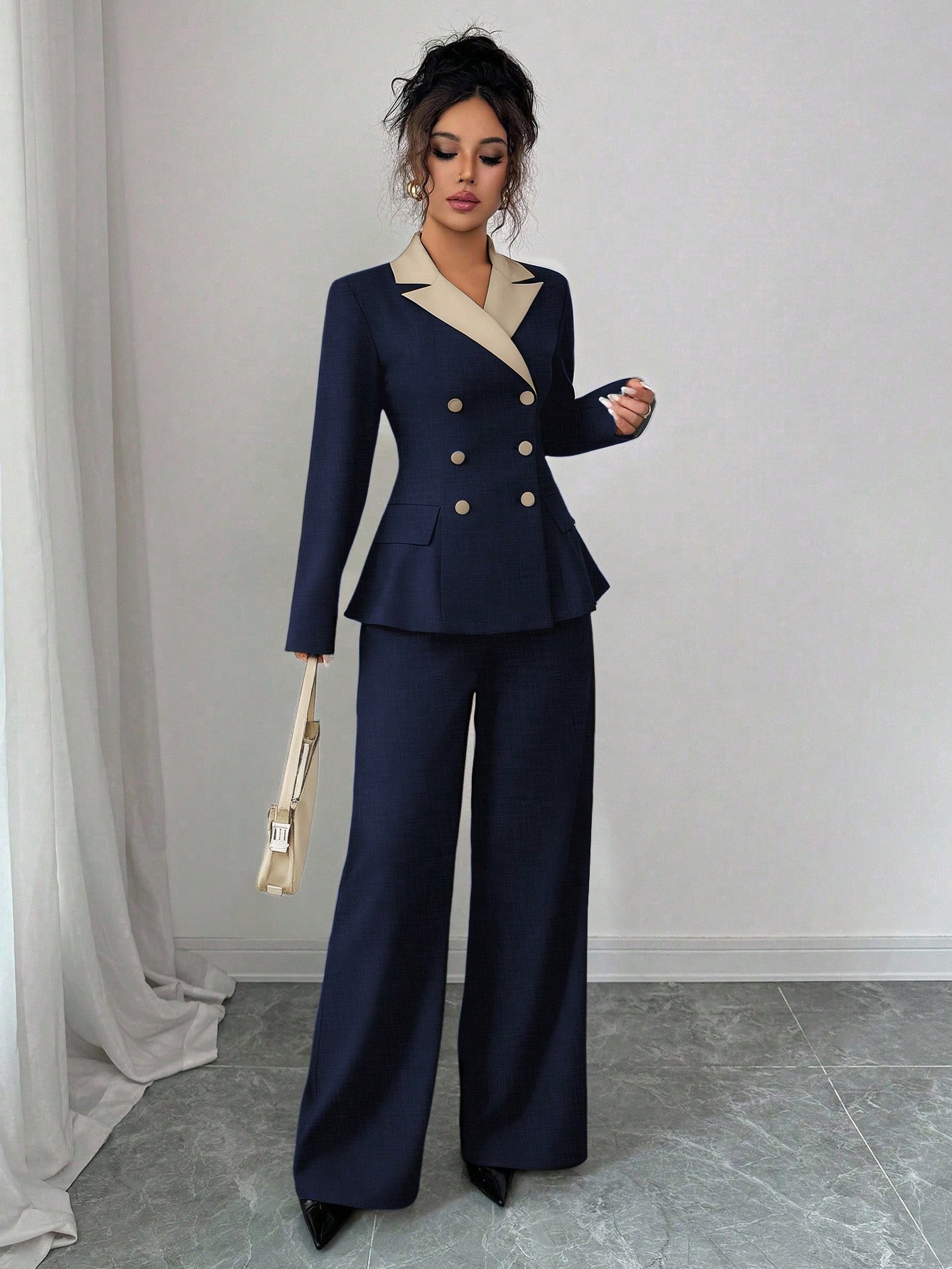 Elenzga بدلة نسائية أنيقة طويلة الأكمام بتباين لون...