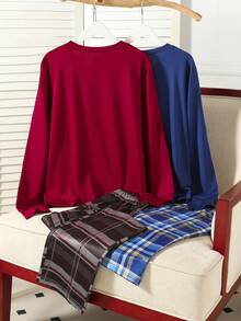 2 Sets Boy Pajamas, New Style Teenage Boys Round Neck Long Sleeve Burgundy And Navy Tops With Yellow, White And Red Plaid, And Navy Loose Casual Long Pants, Stretchy Knit Fabric, Machine Washable, Comfortable Fit, Family Matching Outfits (2 Sets Sold Separately) Unisex Long Pajama Sets - Light Grey - View 2