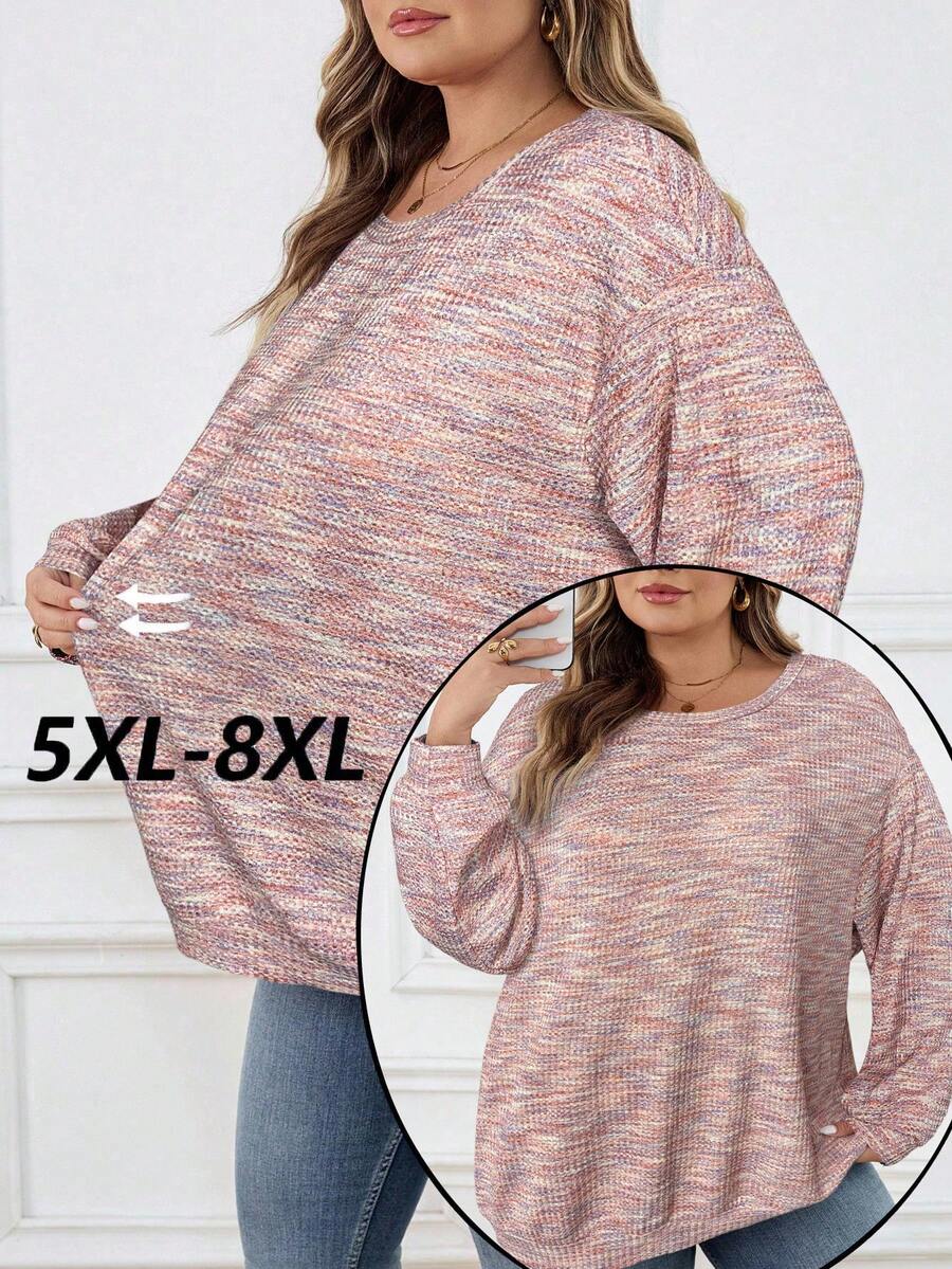 SHEIN CURVE+ 大码女式彩色华夫格针织套头卫衣，秋冬季 - 粉色 - 查看 1