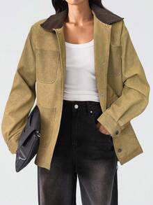 LYSMO Áo khoác cổ màu tương phản thời trang thu đông dành cho nữ - Màu Khaki - Xem 7