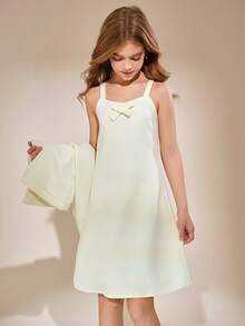 Váy hai dây không tay vải tuýt màu trắng sang trọng dành cho bé gái từ 8-12 tuổi + Áo khoác lửng dài tay nhẹ, được trang trí bằng nơ xinh xắn và cúc ngọc trai, vải mềm mại, thoáng khí cho mùa xuân/hè, trang phục thanh lịch, hợp thời trang cho các bữa tiệc và mặc hàng ngày - Màu be - Xem 6