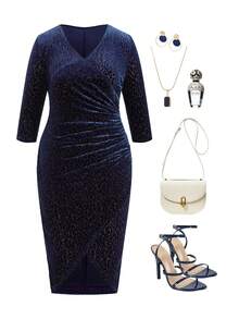 Zelara Plus Size Velvet Leopard Print Midi Dress,Navy Blue,Autumn,Elegant,Formal, Christmas Party Cocktail Dress For Women Sparkly New Year Outfit - Navy Blue - View 9