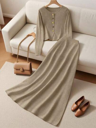 Franclia New Autumn Design Metal Buckle Long Sleeve High Waist Slimming Pleated Patchwork Skirt 2 Pieces Set For Women