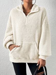 SHEIN EZwear Áo nỉ cổ cao, khóa kéo nửa thân, màu be, cỡ lớn, chất liệu mềm mại, thích hợp cho mùa thu/đông. - Màu be - Xem 5