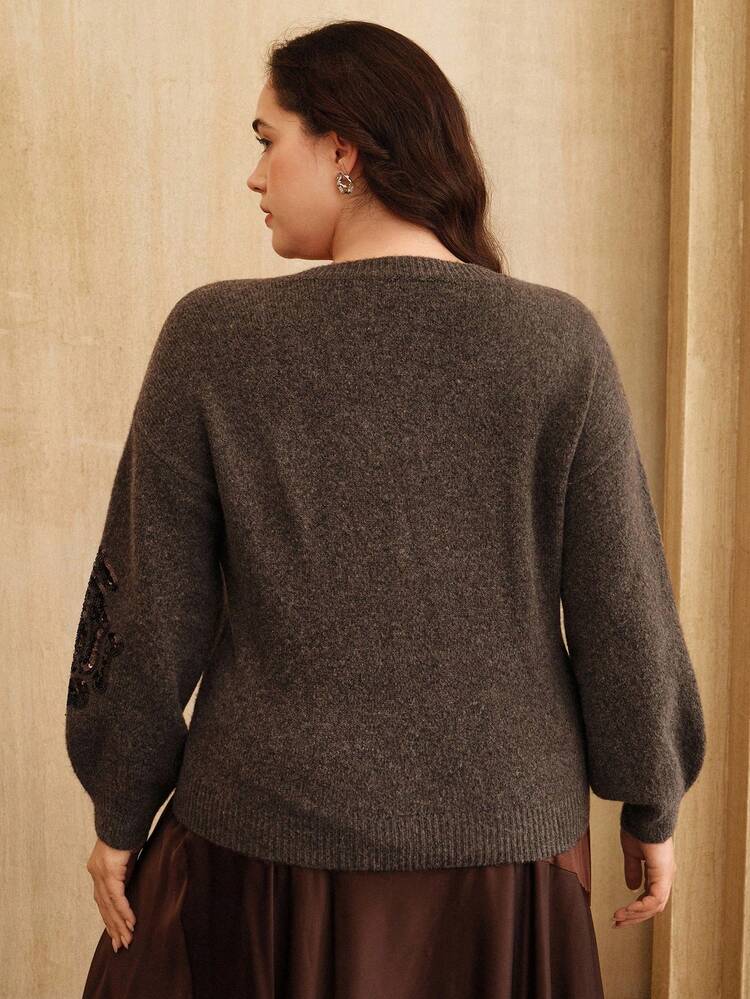 Elegant Luxury Formal Chic V-Neck Plus Size Sweater With Embroidered Floral Sequins, Suitable For Fall/Winter, Christmas, New Year, Party