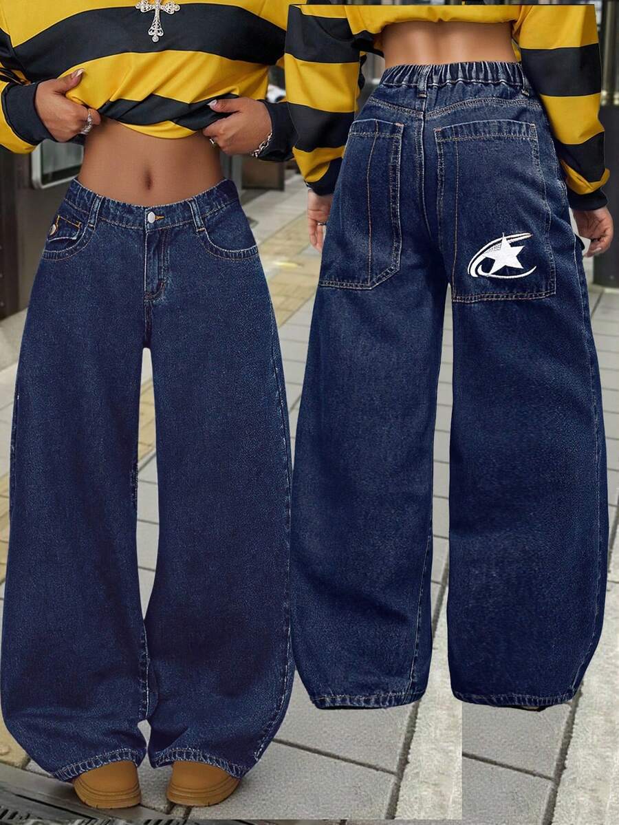 SHEIN Quần jean xanh navy dáng rộng Y2K thêu hình ngôi sao cho bé gái tuổi teen, Thu, Đông, Kỳ nghỉ thường ngày và thời trang, Trang phục đường phố, Phong cách thập niên 2000, Quần ống loe cho bé gái, Giáng sinh cho bé gái - Rửa tối - Xem 1