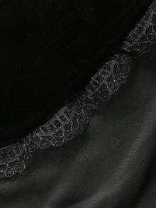 FRIFUL Women's Solid Velvet Straight Leg Pants With Slit Hem, Sheer Lace Panel, Slim Fit, Versatile, Autumn/Winter - Black - View 6