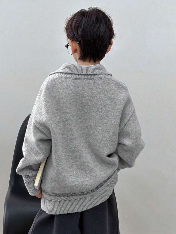 Tween Boy Solid Color Polo Collar Drop Shoulder Long Sleeve Casual Sweater, Autumn/Winter