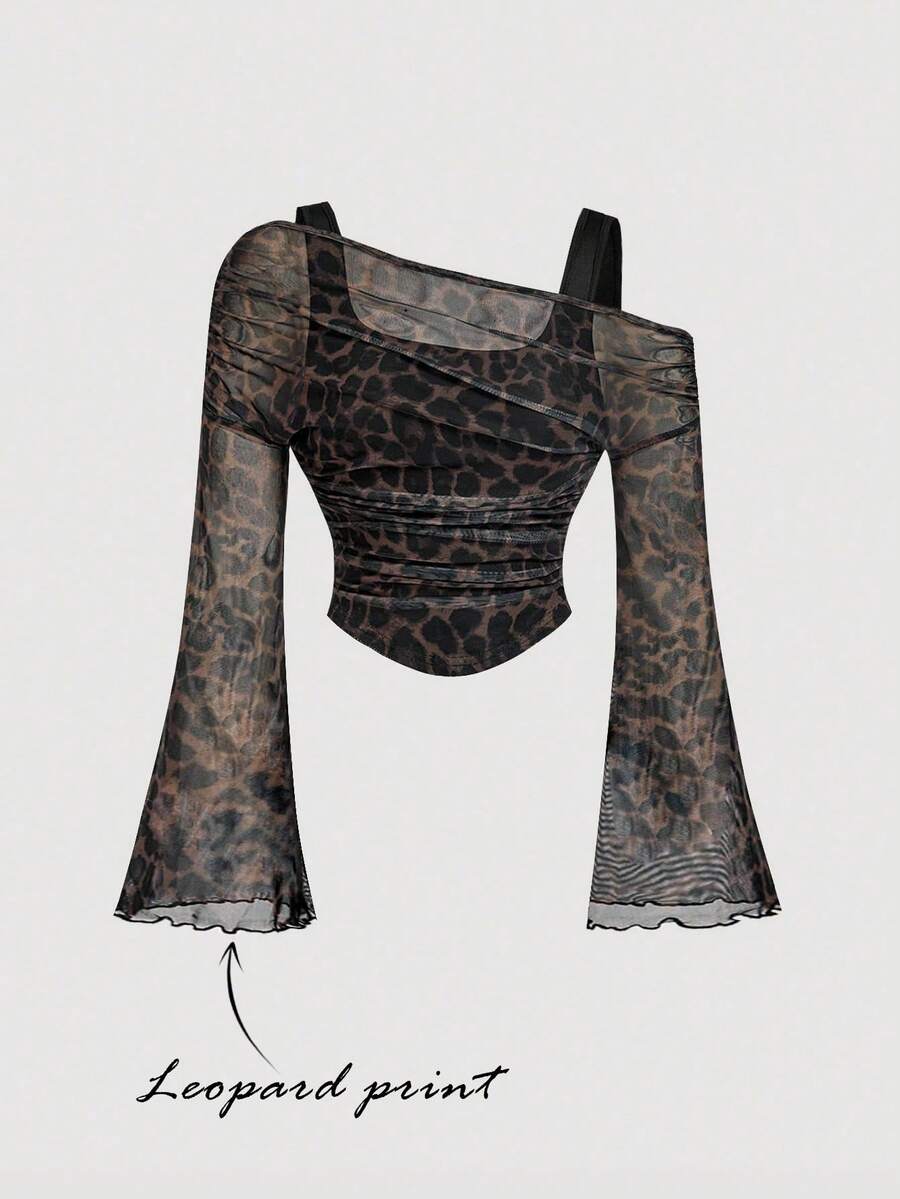 SHEIN MOD 豹纹不对称肩部网纱二合一喇叭袖长袖女式上衣，冬季舒适T恤，圣诞节、新年、派对上衣、感恩节 - 彩色 - 查看 1