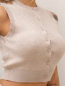 Rayane Ketlyn Knitted Button Through Sweater Vest Spring Y2K 90's Casual Cute Airport Holiday Summer Fall Back To School Autumn Winter Everyday Christmas Work Office Party - Khaki - View 5