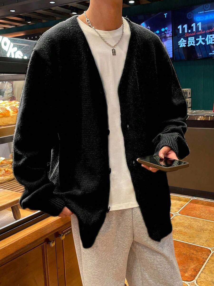 Calmiston 男士纯色单排扣休闲日常开衫,秋冬季长袖上衣 - 黑色 - 查看 1