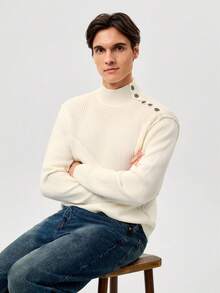 Manfinity CityGents Suéter de punto de manga larga con cuello alto y hombros caídos de unicolor para hombre