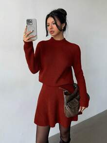 Elenzga 女士宽松休闲圆领纹理上衣和百褶裙两件套 - 紅色 - 查看 5