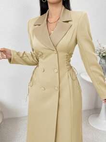 Modelyn Women's Elegant Commuter Lapel Neck Double-Breasted Side Tie Jacket, Autumn - Khaki - View 4