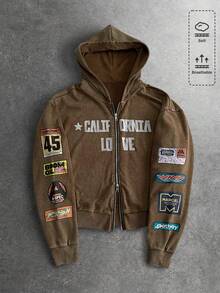 ROMWE MEN Street Life Sudadera con capucha casual de hombre con estampado de letras, otoño - Café integral - Ver 1