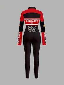 Slaydiva Quần áo mùa thu cho nữ/Quần áo Y2K/Thời trang dạo phố/Trang phục đi chơi/Đồ họa đua xe F1/Đồ họa đội xe máy/Bộ đồ liền thân dài tay cổ có khóa kéo - Nhiều màu - Xem 3