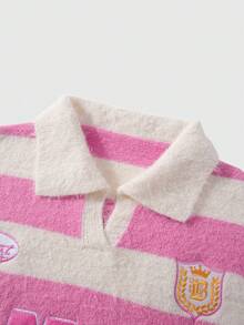 ROMWE MEN Men's Preppy Letter Embroidery Striped Pattern Casual Pullover Sweater, Long Sleeve Top - Apricot - View 5