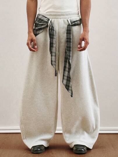 TOKVUE 男士打结格子腰带休闲宽松运动裤