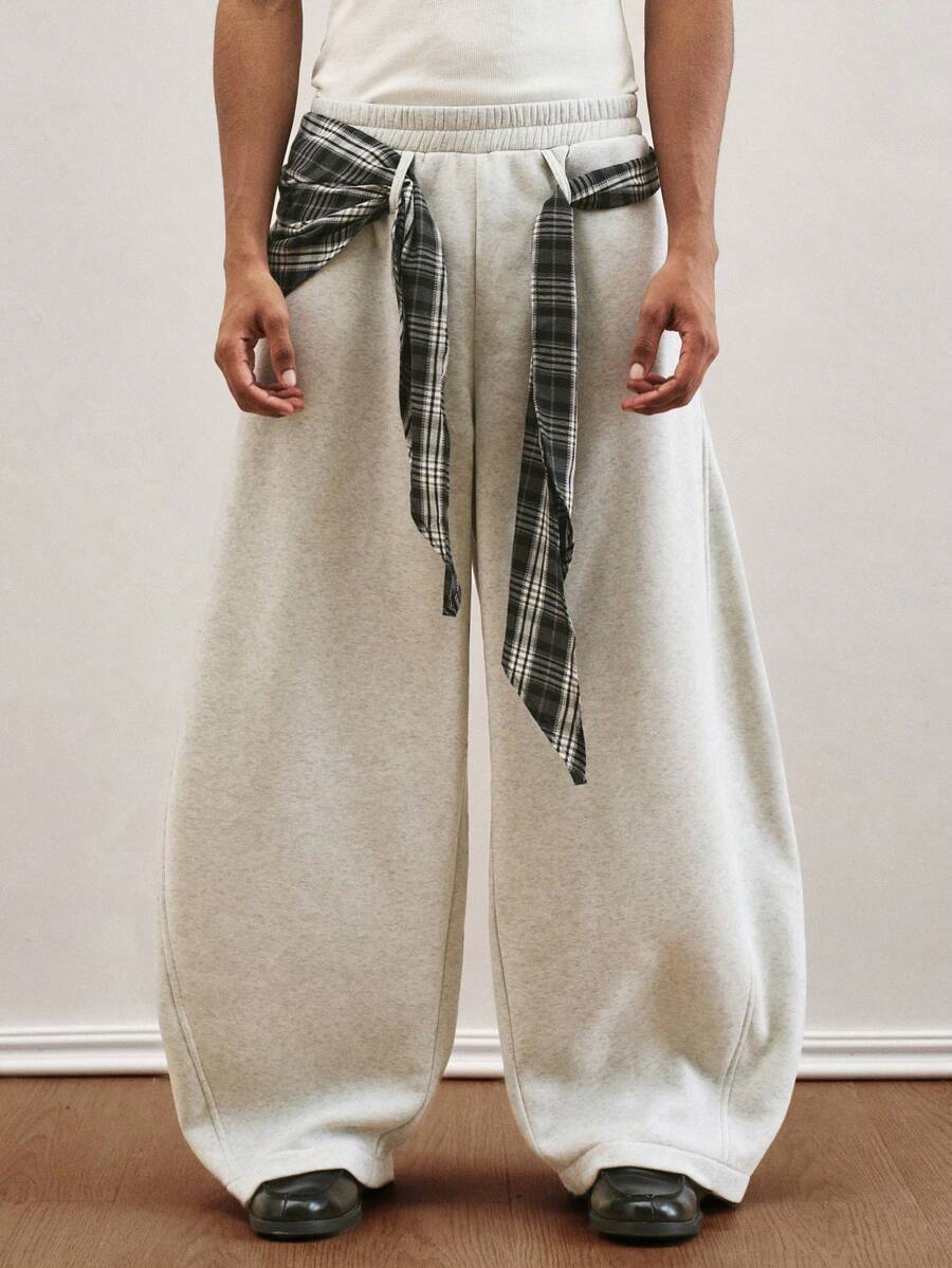 TOKVUE 男士打结格子腰带休闲宽松运动裤 - 淺灰色 - 查看 1