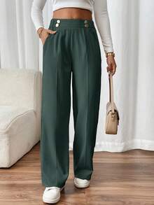 SHEIN Frenchy Quần âu ống đứng hai nút thanh lịch dành cho nữ khi đi làm - màu xanh lá - Xem 4