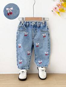 SHEIN BabyflickaKörsbärsmönster Blå Denim Lösa Utsvängda Byxor - Ljustvätt - Visa 2