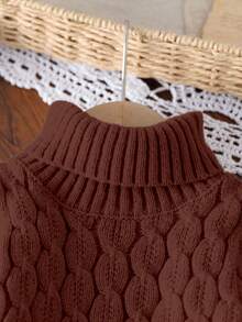 SHEIN 女婴卡其色高领套头A字毛衣连衣裙，柔软针织面料，适合室内外穿着，秋冬季 - 巧克力棕 - 查看 4