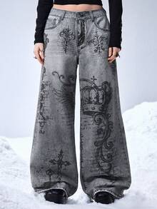 ROMWE Grunge Punk 男女皆宜的复古街头天使与藤蔓皇冠印花宽松阔腿牛仔裤 - 灰色 - 查看 1