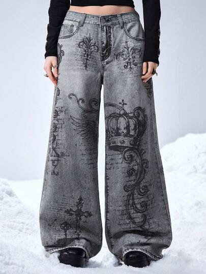 Grunge Punk Jeans amples à jambes larges unisexes avec imprimé vintage d'ange de rue et de couronne de vigne