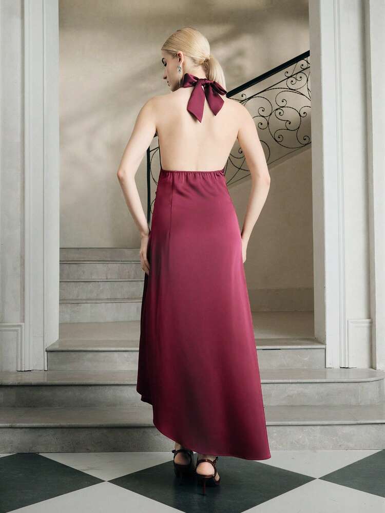 Plunging Neck Tie Strap Bow Sleeveless Cinched Waist Bodycon Dress, Suitable For Beach Party, Vacation
