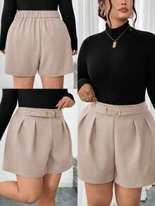 Firerie Celana Pendek Wanita Ukuran Besar Kasual Elegan untuk Liburan Serbaguna, Terbuat dari Campuran Wol, dengan Detail Kerutan dan Kancing Logam, Cocok untuk Semua Ukuran, Musim Gugur/Dingin - Aprikot - View 1