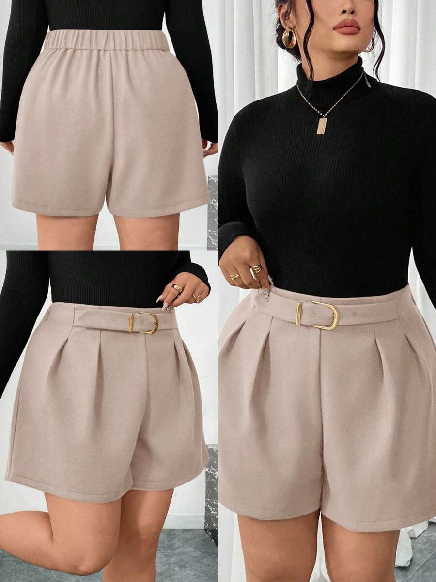 Firerie Celana Pendek Wanita Ukuran Besar Kasual Elegan untuk Liburan Serbaguna, Terbuat dari Campuran Wol, dengan Detail Kerutan dan Kancing Logam, Cocok untuk Semua Ukuran, Musim Gugur/Dingin - Aprikot - View 1