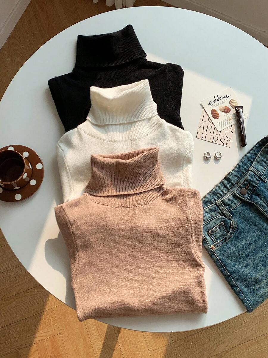 SHEIN LUNE 3pcs/Set Sweater Rajut Leher Tinggi Nyaman Warna Putih, Hitam, Krem, Musim Gugur/Dingin - MultiWarna - View 1