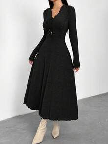 Feyla Women's Casual Solid Color Mid-Length Dress, Suitable For Commuting In Autumn - Black - View 3