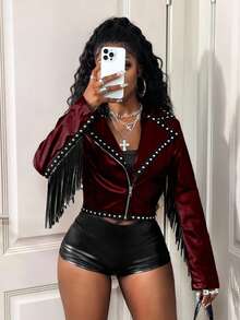 SHEIN BamGlam Zip Up Punk Bead PU Tassel Biker Jacket - Burgundy - View 6