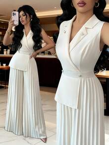 SHEIN Elenzya 女士杏色四向弹力面料立领收腰连体裤，无袖，优雅职业装，适合教师、生日礼物、约会、派对、独立日等场合，宽松版型 - 杏色 - 查看 1