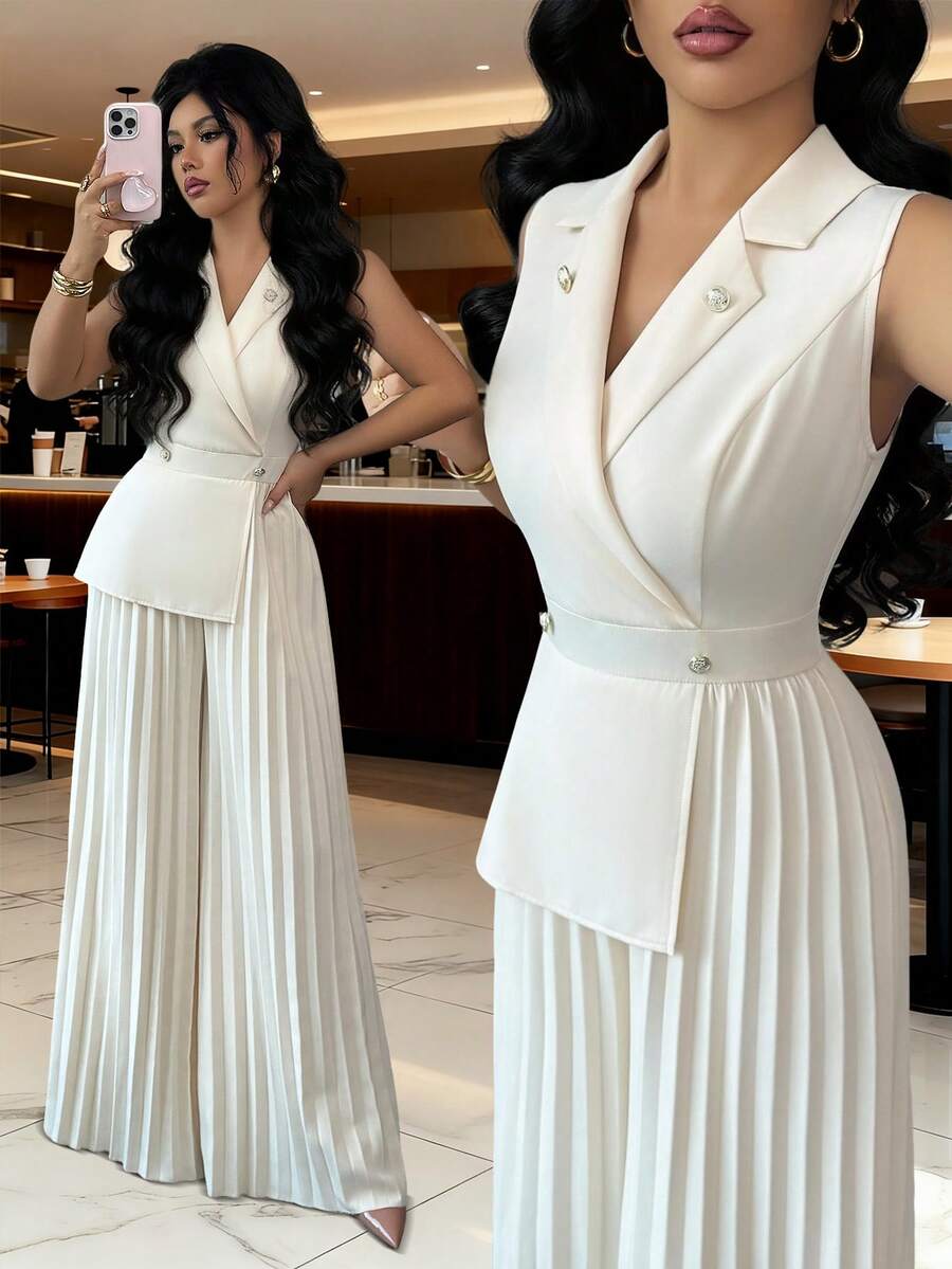 SHEIN Elenzya 女士杏色四向弹力面料立领收腰连体裤，无袖，优雅职业装，适合教师、生日礼物、约会、派对、独立日等场合，宽松版型 - 杏色 - 查看 1