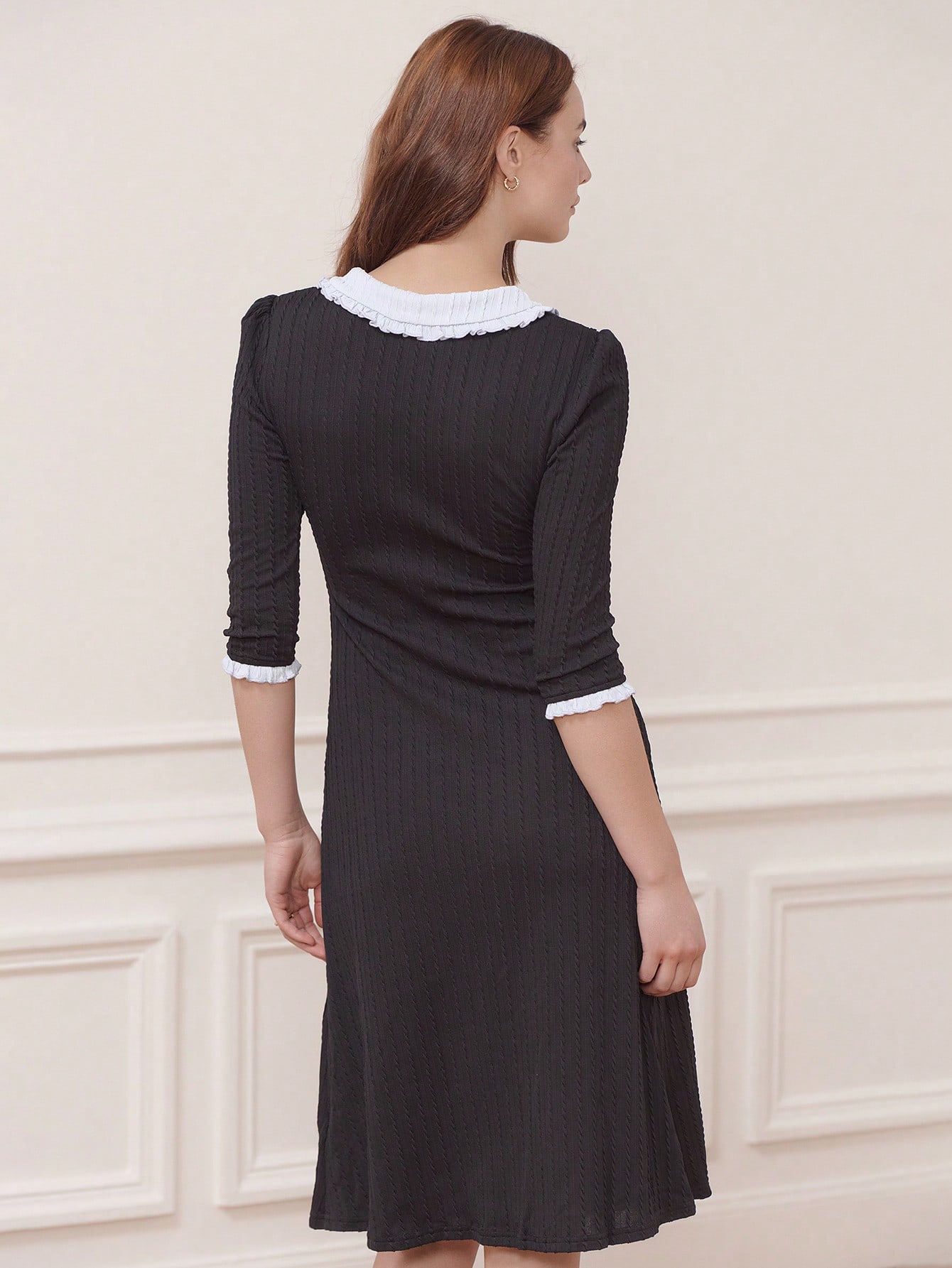 Black Ribbed Knit Midi Dress With Contrast Light Blue Ruffled Collar And Sleeve Cuffs Cute Vintage Dress Business Casual Dress Office Outfits
