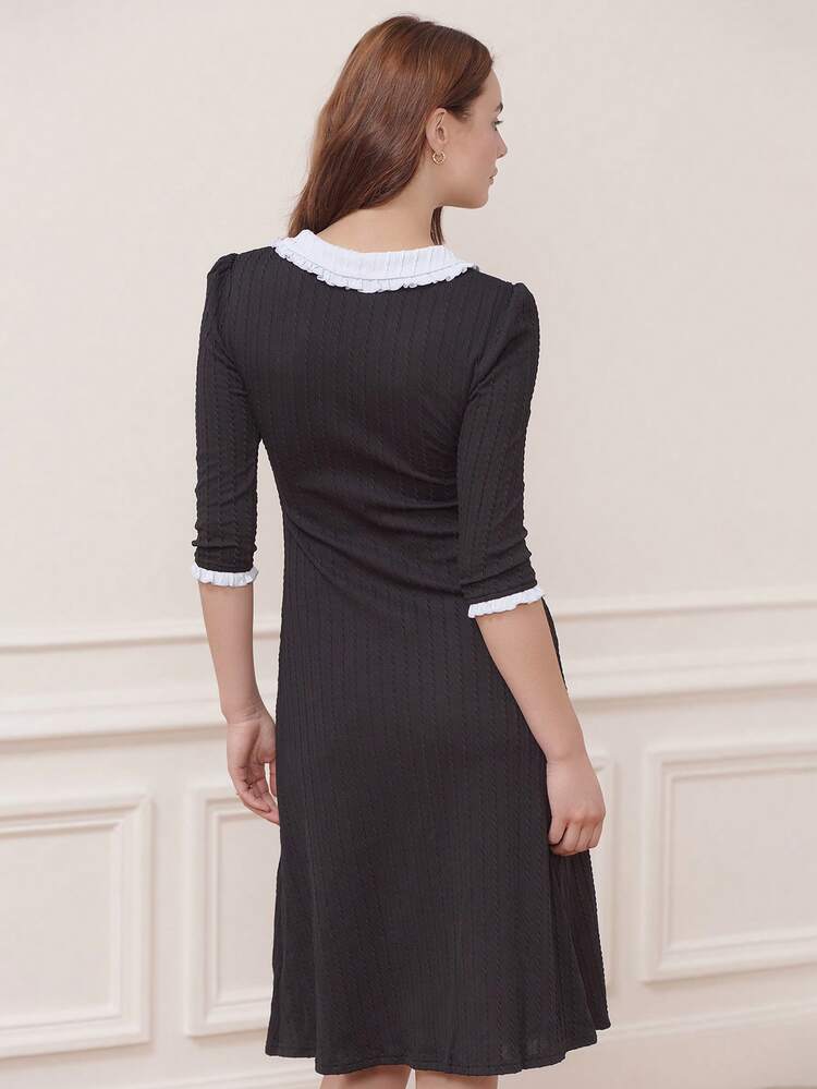 Black Ribbed Knit Midi Dress With Contrast Light Blue Ruffled Collar And Sleeve Cuffs Cute Vintage Dress Business Casual Dress Office Outfits