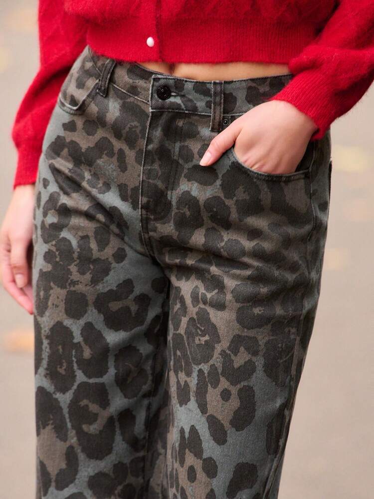 High Waisted Barrel Leg Leopard Print Jeans With Pockets Spring Summer Animal Print Jeans